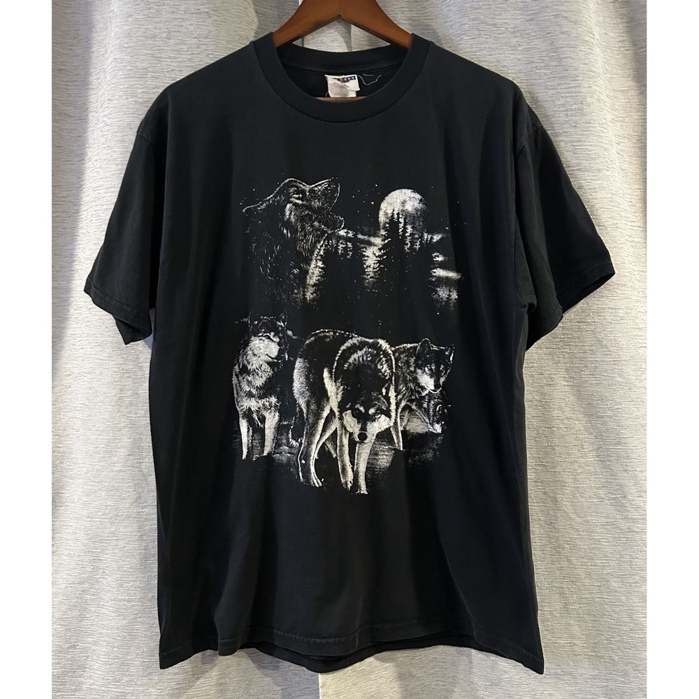 Vintage Wolf Shirt‎ Large Black Faded Nature Tee 90s Jerzees